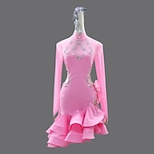 halpa kilpailumekko-latinalainen salsatanssipuku kristallilla / strassilla koristeltu naisten juhlaesitys pitkähihainen rumba chacha -lavakilpailuasu