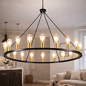 abordables Diseño de vela-candelabro led negro sobre ruedas candelabro de campo rústico redondo grande de 20 luces lámpara industrial para comedor sala de estar cocina isla vestíbulo pasillo