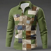 voordelige Geometrisch patroon-Voor heren Geometrisch Kleurenblok Lapwerk Overhemd Overhemd met knopen Lange mouw Mode-casual Buiten Dagelijks gebruik Lente Herfst Strijkijzer Twee zakken aan de voorkant Linnenachtig shirt blauw