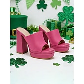  Sapatos mule de plataforma verdes femininos, sapatos de festa de cetim com bico aberto para o Dia de São Patrício.
