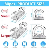 abordables Rangement et organisation-80 clips de câble (petits) &amp;(grand format), serre-câbles adhésifs de finition pour fixation murale (TV, PC, ordinateur portable), clips de gestion de câbles, clips pour éclairage extérieur