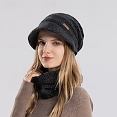 abordables chauffage et refroidissement-Ensemble bonnet et cache-cou en maille pour femme, bonnet thermique doublé polaire avec visière et protection des oreilles, ensemble bonnet et écharpe chauds en maille pour les voyages de ski et