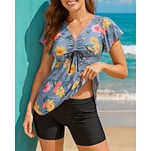 お買い得  サーフィンタンクiniとビキニ-女性用 水着 2個 フラワー Ｖネック フレアスリーブ UVプロテクション 弾性ある 半袖 スイムウェア サーフィン ビーチ 水泳 夏