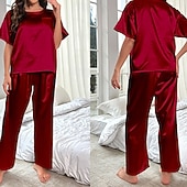 abordables Tops y pantalones de dormir para mujer-Mujer Ropa de salón Conjunto pijama Moda Casual Suave Color puro Retazos Pantalón Hogar Vacaciones Manga Corta Cuello Barco Azul Piscina Negro Vino Morado Caqui Verano Primavera Otoño Ajuste regular