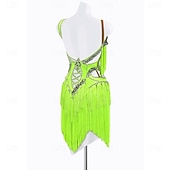 cheap Competition Dress-Women's Neon Green Rhinestone Fringe Latin Dance Dress - One Shoulder Cutout Asymmetrical Ballroom Performance Costume