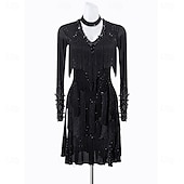 Χαμηλού Κόστους αγωνιστικό φόρεμα-Γυναικείο μαύρο φόρεμα λάτιν χορού με χάντρες και κρόσσια - ασύμμετρη στολή χορού με μακριά μανίκια και λαιμόκοψη choker