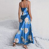 halpa Naisten haalarit-Naisten Yöpaita Vapaa-aika Pehmeä Satiini Kukka Avoin selkä Päivittäin Koti Sänky Hihaton hihnat Sininen Musta Rubiini Apila Kesä Loose Fit