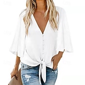 billiga Kostymblusar-Dam Blus Chiffong toppar Lappverk Slät Elegant Stylish 3/4 ärm V-hals Vanliga toppar Dagligen Helgdag Utekväll Svart Vit Rodnande Rosa Marinblå Sommar Vår Höst