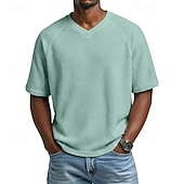 cheap Waffle Knit Tee-Men's Waffle T-shirt T Shirt Short Sleeve Shirt Tee Top Short Sleeve V Neck Summer Spring Solid Color Vintage Streetwear Stylish Raglan Sleeves Daily Outdoor Vacation Blue Army Green Dark Blue Top