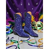 economico Scarpe da donna-Stivali western in paillettes viola da donna per il Mardi Gras con tacco a blocco design luccicante perfetti per Carnevale feste e abbigliamento da festival