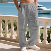 cheap Holiday-Men's Linen Pants Trousers Summer Pants Baggy Pants Beach Pants Drawstring Elastic Waist Solid Color Comfort Breathable Daily Outdoor Beach Vacation Fashion Light Khaki Black Inelastic