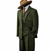 abordables Trajes formales-De los hombres Trajes de tweed Negocio Boda Azul Piscina Caqui Claro Otoño invierno Traje Solapa de Pico Negocios Retro Antiguo Espiga A Medida Juego de 3 piezas Recto 2 botones