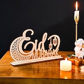 tanie Ramadan i Eid-drewniana, pusta dekoracja z motywem księżyca i literą „mubarak” na ramadan i eid – złoty lustrzany akcent, idealna na ramadan, islamskie dekoracje świąteczne i domowe przyjęcia