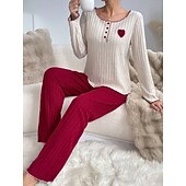 Χαμηλού Κόστους Ημέρα του Αγίου Βαλεντίνου Ύπνος &amp; Χαλάρωση-Γυναικεία Σετ Πυτζάμες Καθημερινό Ανατομικό Καρδιά Ελαστική μέση Μπλουζάκι Παντελόνι Καθημερινά Σπίτι Μακρυμάνικο Στρογγυλή Ψηλή Λαιμόκοψη Μαύρο Ανθισμένο Ροζ Ρουμπίνι Πράσινο του τριφυλλιού