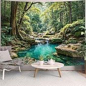 billige landskapsteppe-rolig skogbekk-teppe, fosser og krystallklart tjern, beroligende veggkunstdekor til hjemmet, perfekt som aksent på soverommet eller stuen