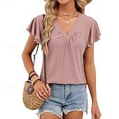 ieftine tricou simplu-Pentru femei Cămașă Tricou Bufantă Peteci Capsă Culoare solidă Elegant Modă Clasic Manșon scurt În V Topuri obișnuite Zilnic Ieșire Sfârșit de săptămână Negru Alb Roz Îmbujorat Trifoi Vară Primăvară