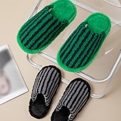 cheap Home Slippers-Cotton Slippers for Women Closed Toe Color Block Plush Striped Furry Indoor Home Soft Cozy House Slippers