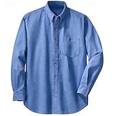 abordables camisas de mezclilla de los hombres-Camisa vaquera para hombre, azul oscuro, manga larga, lisa, con cuello vuelto, para vacaciones, uso diario, con bolsillo delantero, ropa de mezclilla, moda informal