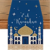 cheap Table Runners-Ramadan Eid Table Runner, Moon &amp; Gold Design, Heat-Resistant Dining Table Cloth, Kitchen and Entryway Decor, Elegant Home Accent for Holiday and Daily Use