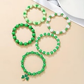  5-Piece St. Patrick's Day Green Bracelet Set, Multi-Layer Elastic Bracelets with Acrylic & Wood Heart Beads and Shamrock Charms, Unisex Irish Festival Party Jewelry Gift