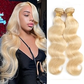 baratos 2 pacotes de fios de cabelo humano-Cabelo humano loiro 613#, 2 pacotes de cabelo humano ondulado, 10-28 polegadas