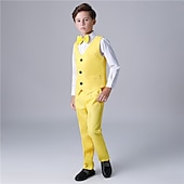 abordables Costumes et Tenues de Porteur d'Anneau-Costume de garçon d'honneur 4 pièces avec gilet &amp; chemise  &amp;Pantalon garçon, costume habillé décontracté, tenue de soirée tendance pour les fêtes en extérieur, basique et élégant, couleur unie bleu,