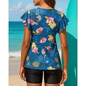 رخيصةأون تنجيد السباحة وبيكيني-نسائي ثوب السباحة قطعتين لباس السباحة مطبوع V-neck كم واسع حماية UV مطاط كم قصير ملابس السباحة تزلج على الماء شاطئ سباحة الصيف