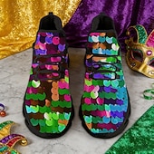 cheap Women's Shoes-Women's Mardi Gras Confetti Print Lace-Up Athletic Sneakers - Cushioned Comfort Festive Shoes for Carnival Parades, Street Celebrations, Daily Errands &amp; Summer Outdoor Activities
