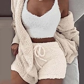 cheap Women's Loungewear-Women's Hooded Pajama Sets 3 Pieces Fluffy Fleece Long Sleeves Coat Shorts Vest for Winter Gift for Valentine's Day