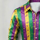 Недорогие Мужская атласная рубашка-Мужская рубашка для карнавала Марди Гра, атласная рубашка с графическим принтом в полоску и маской – классический полосатый фестивальный стиль.