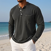 economico magliette di base-Per uomo Maglia Henley Camicia 100% cotone lavaggio acido Manica Lunga Henley Primavera Autunno Tutte le stagioni Tinta unica Vintage Retrò Vintage Casual Stile Vintage Tinto in capo Lavato Casuale