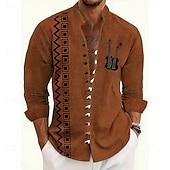cheap Vintage Shirt-Men's Geometric Pattern Guitar Musical Instrument Shirt Stand Collar Shirt Long Sleeve Vintage Retro Casual Vacation Spring Fall Mandarin Collar Band Collar Button-Down Linen Like Shirt Blue Orange