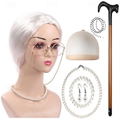 abordables Pelucas de fiesta-Peluca de anciana con rulos, collar de perlas, pendientes y bastón para mujeres y niñas, disfraz de abuela para cosplay de 100 días de escuela, accesorio para fiesta de Halloween