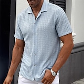 Недорогие Мужские рубашки в стиле смарт-кэжуал-Муж. Рубашка Повседневная рубашка Кнопка рубашка Черный Белый Зеленый Хаки Светло-синий С короткими рукавами Полотняное плетение кубинский воротник Повседневные Уличная одежда Жаккард Одежда