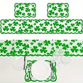 cheap St. Patrick's Day-5PCS St. Patrick's Day Table Placemats &amp; Table Runner Set, Green Shamrock Lace Embroidery, Feather-Free, No Power Needed, Multi-Holiday Decor
