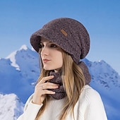 abordables chauffage et refroidissement-Ensemble bonnet et cache-cou en maille pour femme, bonnet thermique doublé polaire avec visière et protection des oreilles, ensemble bonnet et écharpe chauds en maille pour les voyages de ski et