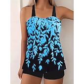 abordables Tankinis-Maillot de bain Tankini femme 2 pièces Shorts Contrôle du ventre Taille haute Slim Dos nu Vacances Plage Vêtements Feuilles V Cou Sans Manches
