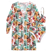 halpa 3 kpl bikinisetti-Naisten bikinit 3-osainen uimapuku palm alushousut slim selkä avoin lomaranta-asu kukkakuviolla lehtikuvio pyöreä kaula-aukkoinen hihaton uimapuku