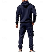baratos Basic Tracksuits-Men's Hoodie Tracksuit Hoodie &amp; Pants Set Hoodie Daily Outdoor Vacation Daily Wear Drawstring Zip Up Plain Black Navy Blue Khaki Activewear Sports Fashion Fall