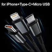 levne Domácí vylepšení-Balení 3 univerzálních rychlonabíjecích kabelů, nylonový opletený kabel QC3.0 s konektory Lightning, micro USB a USB-C pro více smartphonů