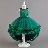 voordelige Bloemenmeisjes Jurken-Bloemenmeisjesjurk, communiejurk, formele jurk voor meisjes, trouwkleding, feestkleding, formele mode voor bruiloften, schattige patchwork, mesh, effen kleur, mouwloos, ronde hals, geel, roze, 4 jaar