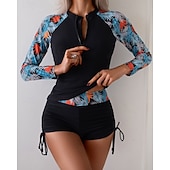 ieftine Tankini și bikini pentru surfing-Pentru femei Bariere Iritatie Costum de baie din 2 piese Costume de Baie Floral Costume de Baie Negru UPF 50+ Manșon Lung - Surfing Plajă Înot Vară