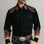 baratos camisas ocidentais dos homens-Homens Labareda Camisa Social camisa ocidental Camisa de caubói Manga Longa Vintage retrô Casual Ao ar livre Roupa de Trabalho Primavera Outono Aberto para a Lateral Dois bolsos frontais Camisa tipo