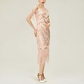 cheap 1920s Dresses-Roaring 20s 1920s Knee Length Short Length Dress Wedding Party Bachelor Party Cold Shoulder The Great Gatsby Wedding Guest Sequins Sequin Tassel V Neck Fancy Dress Women's Christmas New Year Evening