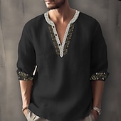 levne Etnický Vzor-Pánské Geleneksel Košile Lněná košile Dlouhý rukáv Módní Šik ven Designové Venkovní Denní Jdeme ven Jaro léto Stojáček Tisk Vodní modrá Černá + Černá Žlutá Světle zelená Světlá růžová