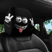 cheap Slipcovers-2pcs Cartoon Big-Eyed Face Printed Car Headrest Covers, Interior Decoration, Universal Fit, Washable, Easy to Install, Suitable for Long Trips Or Road Trips, Perfect Quirky Car Decoration