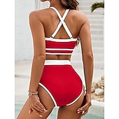 levne Sady bikin-Dámské bikini dvoudílné plavky barevné bloky slipové štíhlé bez zad dovolená plážové oblečení pruhovaný halterneck bez rukávů