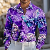abordables Camisa de Satén para Hombre-Mardi Gras Hombre Mariposa Perla Color deslumbrante Camisa Camisa de raso Camisa para Vestido Manga Larga Moda informal Fiesta Festivos Verano Primavera Cuello Vuelto Impresión 3D Camisas con botones