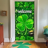cheap Holiday Tapestries-St. Patrick's Day Door Cover, Irish Flag Background with Giant Clover, "Welcome" Greeting, Festive Entrance Decoration for St. Patrick's Day Celebration.