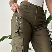 preiswerte Gerade geschnittene Hose-Damen Cargo-Hosen Chinos Urlaub Vintage Streetwear Volle Länge Mittlere Taillenlinie Einfarbig Mehrere Taschen Bequem Mikroelastisch Täglich Outdoor Straße Armeegrün Khaki Frühling Herbst Winter